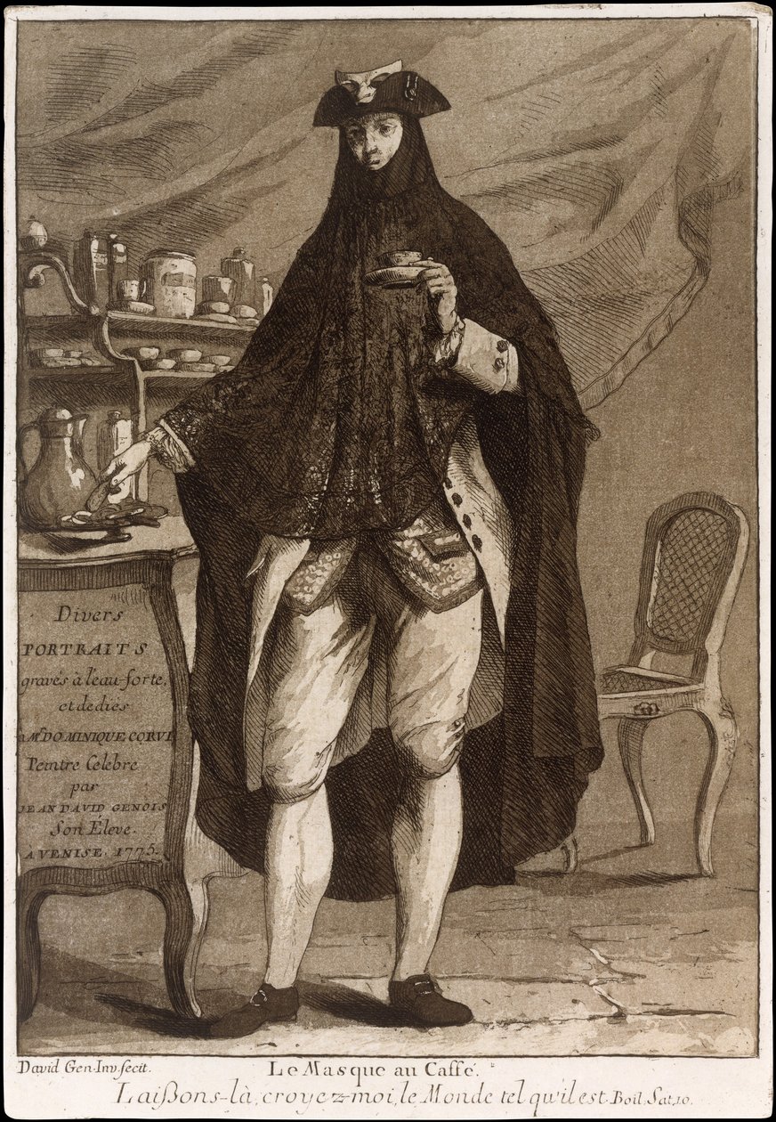 Mies, jolla on naamio ja joi kupin kahvia Le Masque au Caffé, 1775. tekijältä Giovanni David