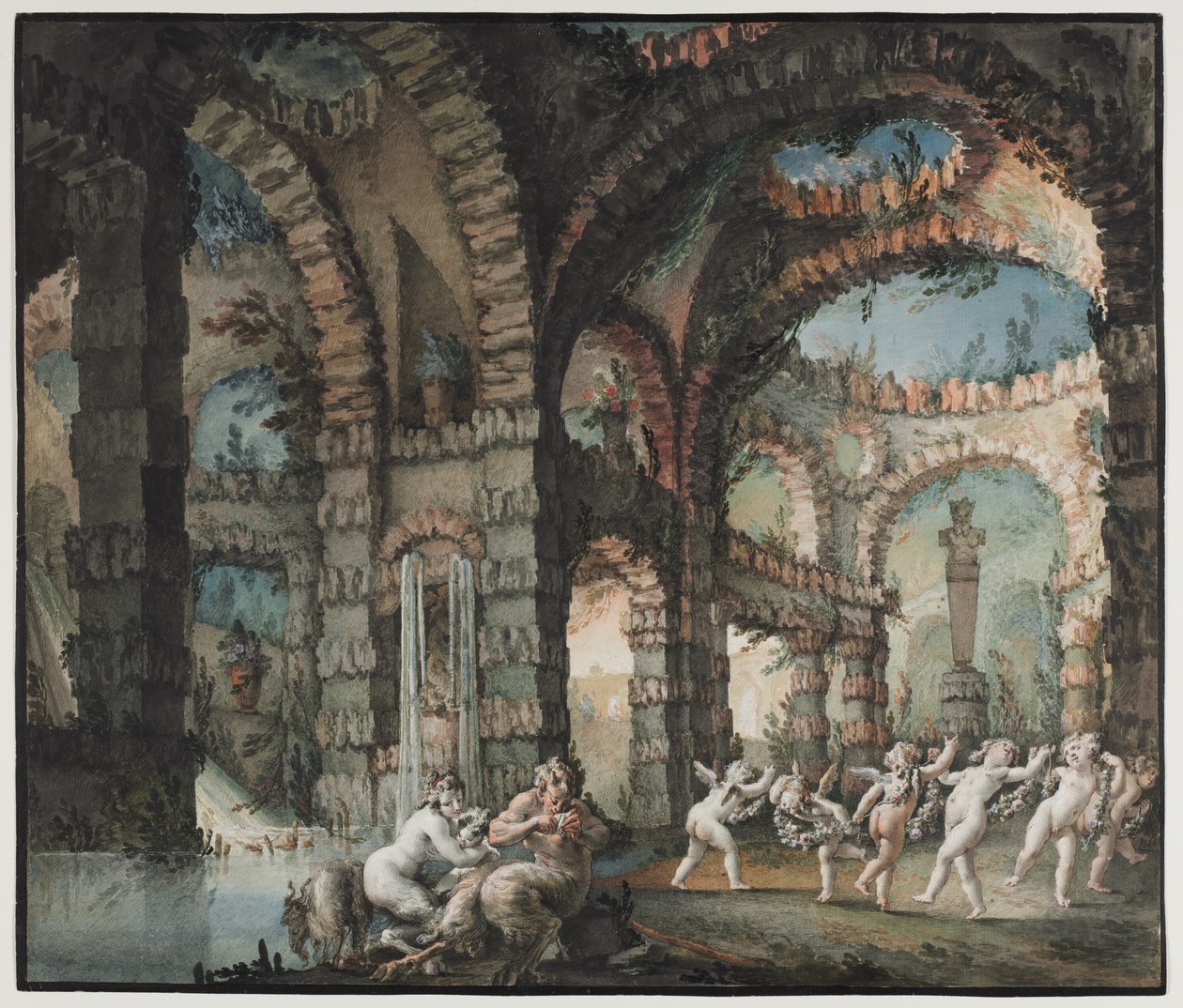 Satyyriperhe tanssivien kerubien kanssa, n. 1775-76 (akvarelli ja siveltimen työ grafiitin ja guassin kanssa) tekijältä Giovanni David