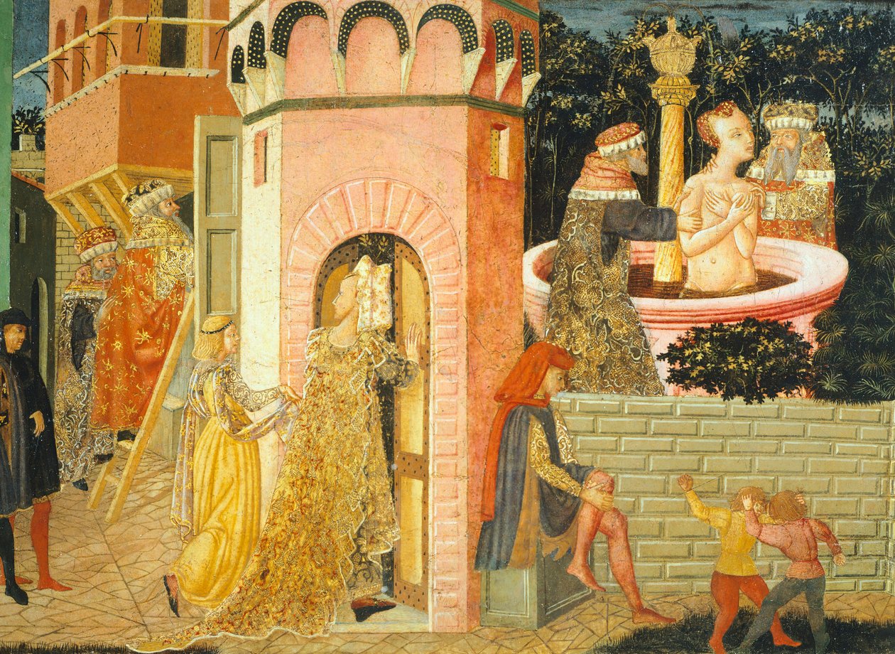 Tarinoita Susannesta, noin 1450, Giovanni di Ser Giovannin, joka tunnetaan nimellä Lo Scheggia (1406-1486), maalaaman arkun oikea puoli, tempera taulussa, yksityiskohta tekijältä Giovanni Di Ser Giovanni Lo Scheggia Guidi