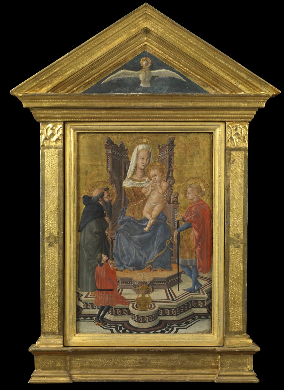 Neitsyt ja lapsi valtaistuimella, pyhät Anthony Abbot ja Julianus sekä lahjoittaja (päätypäällystys yllä - Pyhä Henki), n. 1430 (tempera paneelissa) tekijältä Giovanni Di Ser Giovanni Lo Sheggia (attr. to) Guidi