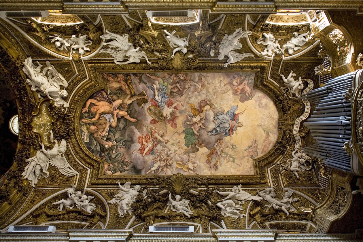 Rooman Santa Maria della Vittorian kirkon holvi, fresko, joka kuvaa Neitsyt Marian voittoa harhaoppista, kapinallisten enkelien lankeemusta, toteutti vuonna 1675 Giovanni Domenico Cerrini (1609-1681), Rakennus 1600-luvulla, italialainen re tekijältä Giovanni Domenico Cerrini
