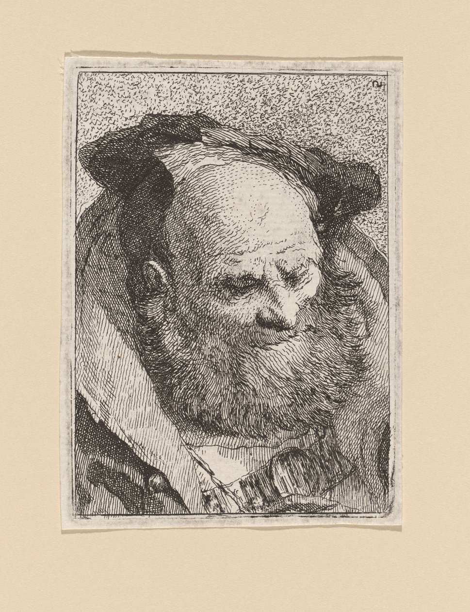 Parrakas vanha mies, teoksesta Raccolta di Teste (Pääkokoelma) tekijältä Giovanni Domenico Tiepolo