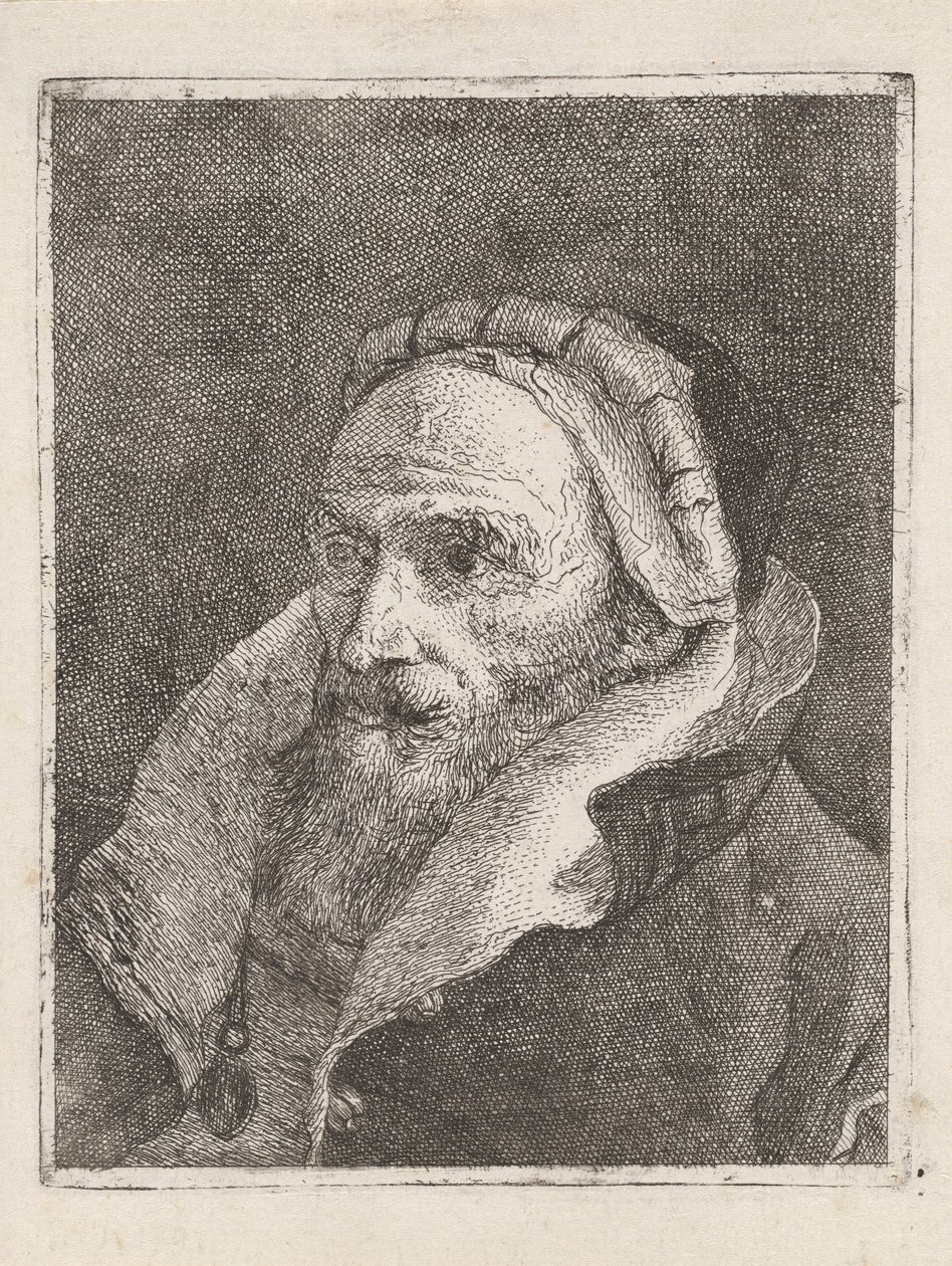 Parrakas vanha mies lippalakin kanssa, Raccolta di Teste (Pääkokoelma) tekijältä Giovanni Domenico Tiepolo
