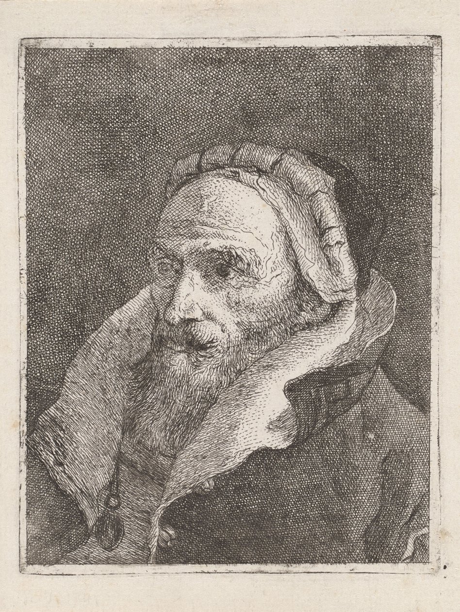 Partainen vanha mies, jolla on lippalakki, teoksesta *Raccolta di Teste* (Päiden kokoelma) tekijältä Giovanni Domenico Tiepolo