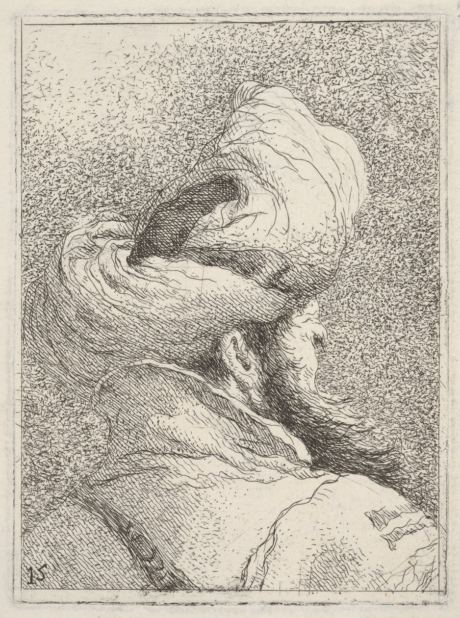 Partainen turbaanipäinen mies, kuvattuna rintakuvana takaapäin kolmen neljäsosan näkymässä, sarjasta "Kokoelma päitä" (Raccolta di teste) tekijältä Giovanni Domenico Tiepolo