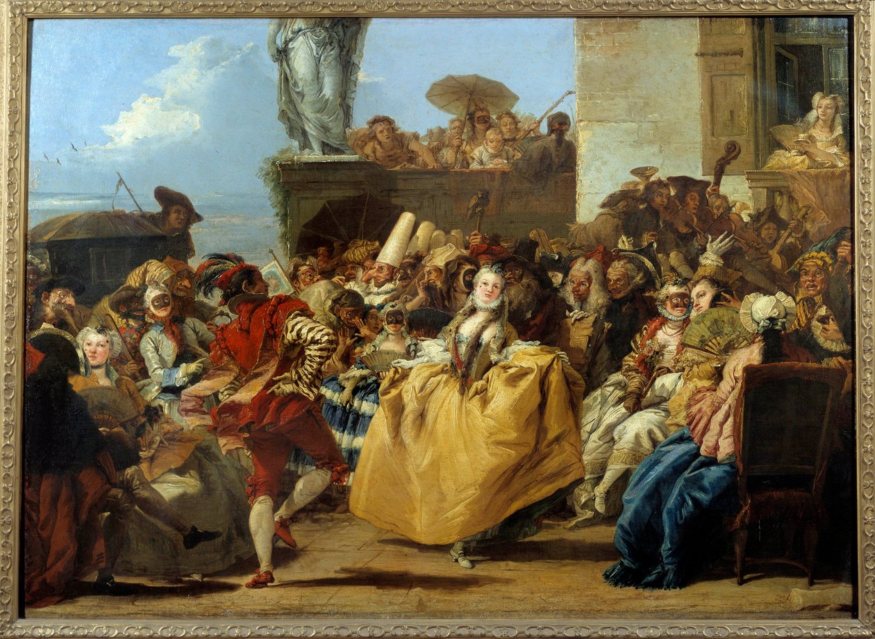 Karnevaalikohtaus tai "menuetti"" Tanssikohtauksen naamio 1700-luvulla. Gian Domenico Tiepolon (1727-1804) maalaus Sun. 1,12x0,8 m. tekijältä Giovanni Domenico Tiepolo