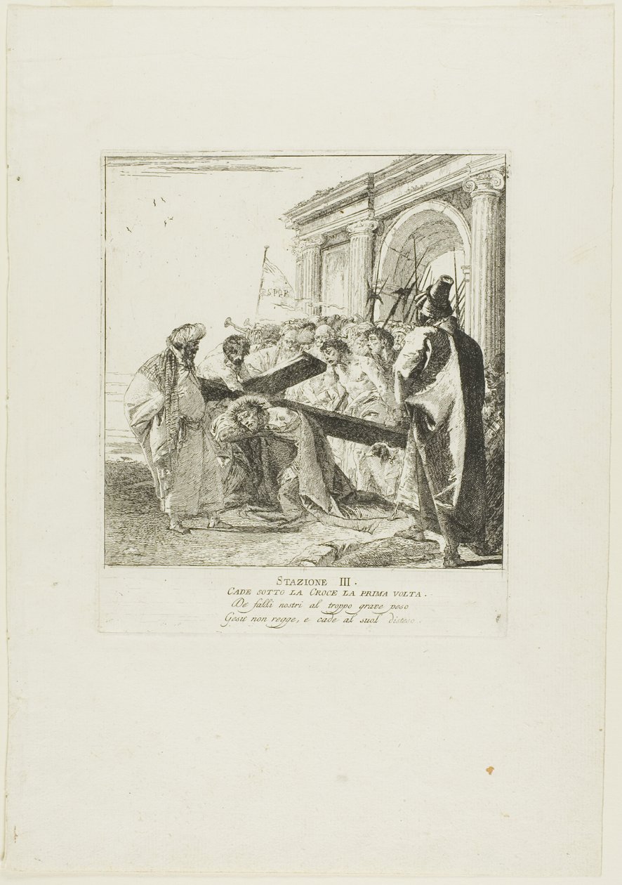 Kristus putoaa ensimmäistä kertaa ristin alle, levy kolme Ristin vaiheista. tekijältä Giovanni Domenico Tiepolo