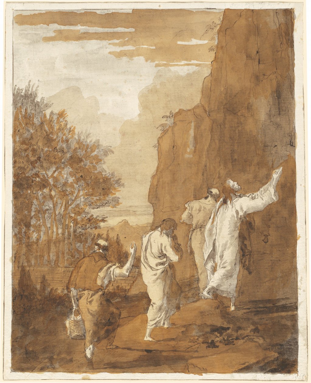 Kristus johdatti Pietarin, Jaakobin ja Johanneksen korkealle vuorelle kirkastusta varten tekijältä Giovanni Domenico Tiepolo