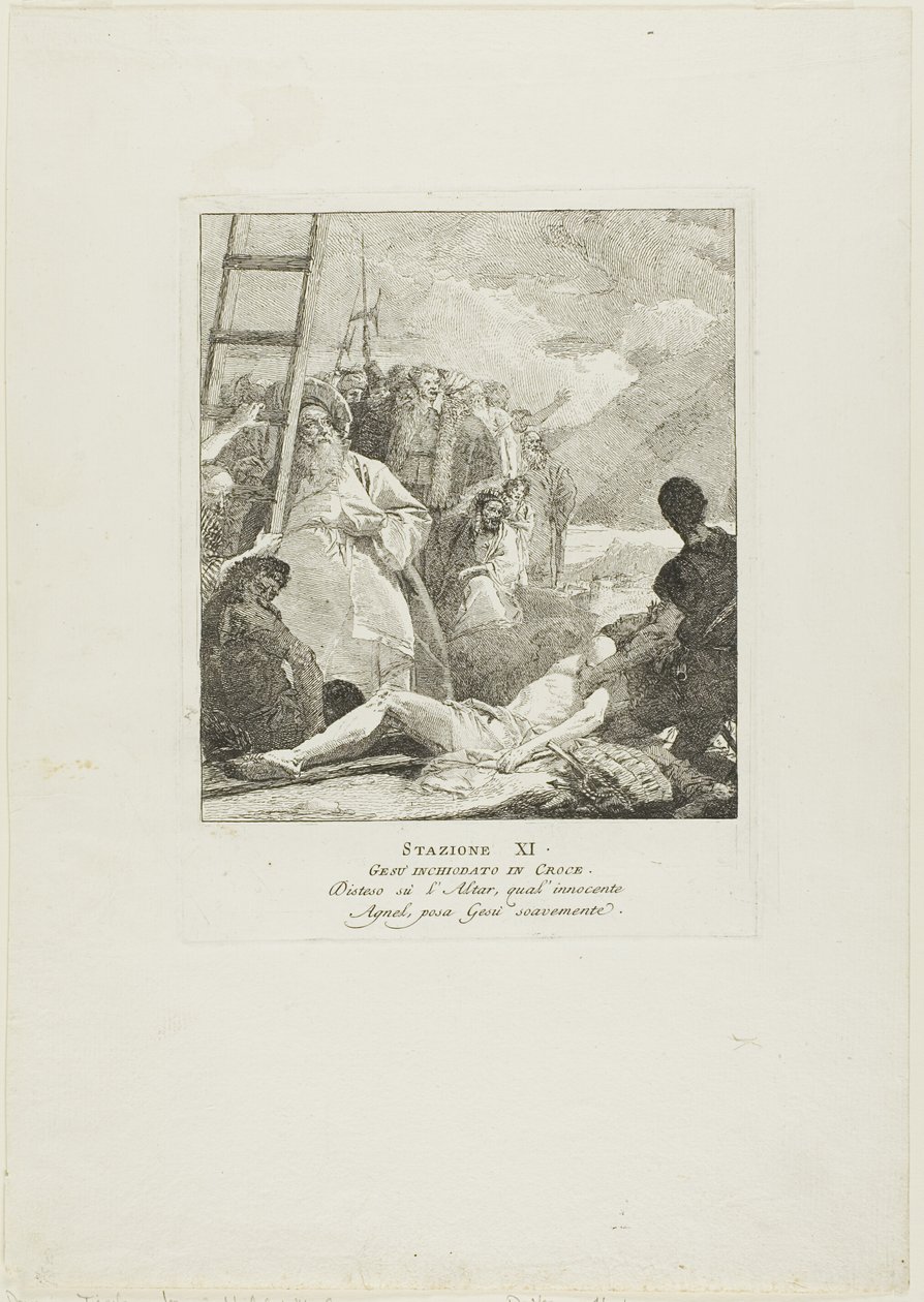 Kristus on naulittu ristille, levy yksitoista Ristin vaiheista. tekijältä Giovanni Domenico Tiepolo