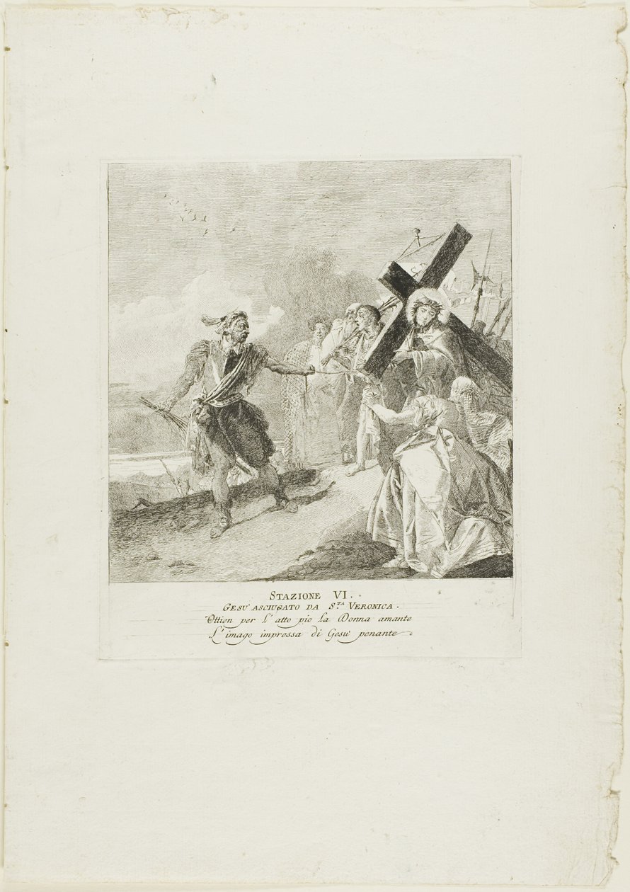 Kristuksen kasvot pyyhkii pyhä Veronika, kuudes levy Ristin vaiheista. tekijältä Giovanni Domenico Tiepolo