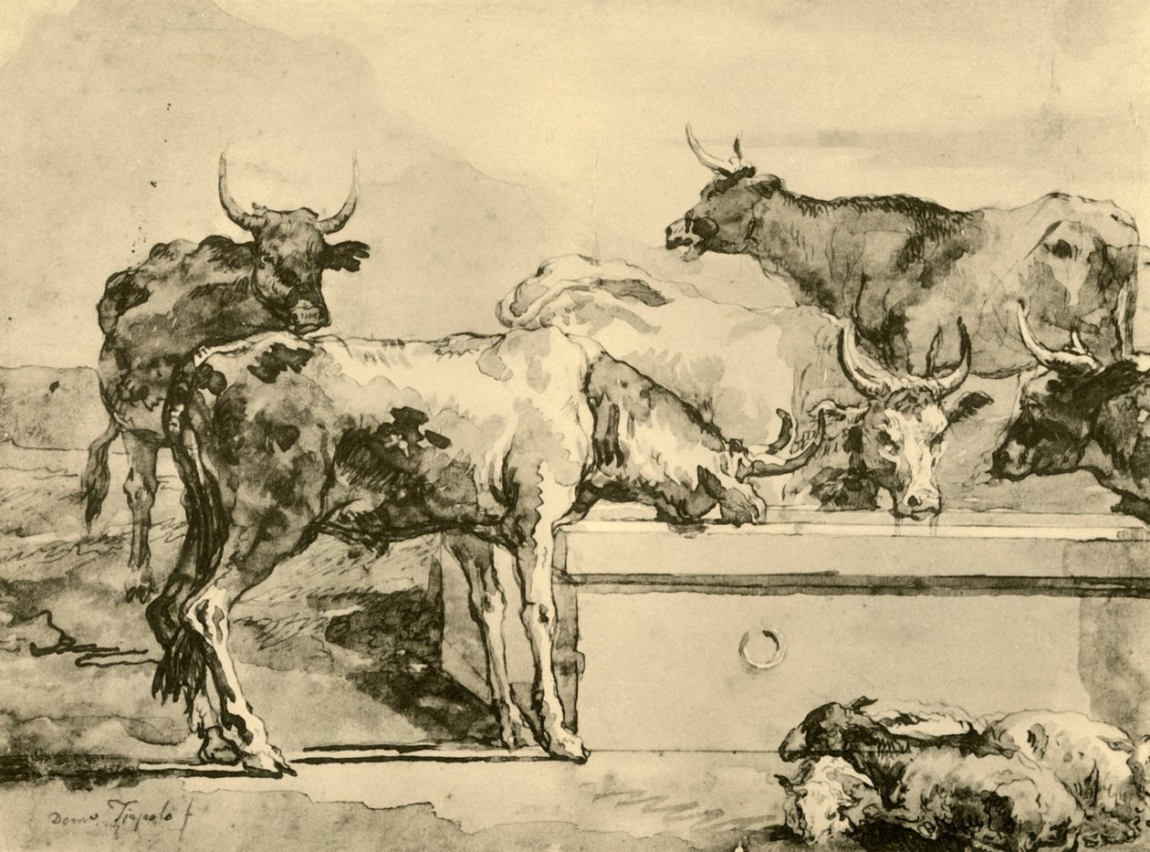 Lehmät juottavat, 1700-luvun puolivälissä, 1928 tekijältä Giovanni Domenico Tiepolo