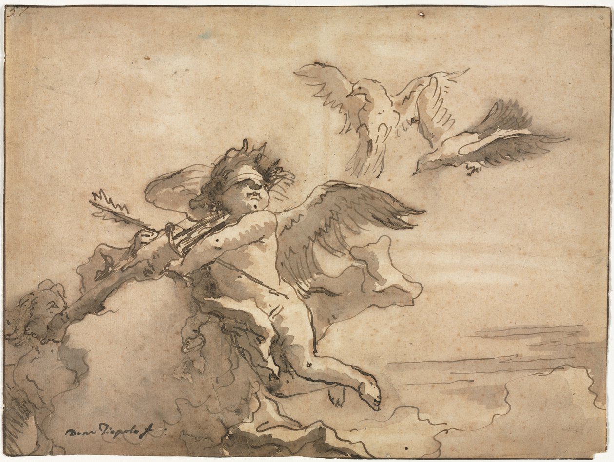 Amor sidottu silmät ja kaksi kyyhkystä tekijältä Giovanni Domenico Tiepolo