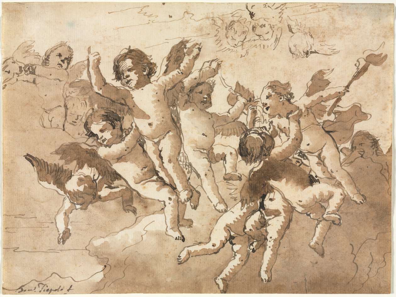 Cupid in the Clouds hoitajakerubien kanssa, 1757 tai sen jälkeen. tekijältä Giovanni Domenico Tiepolo