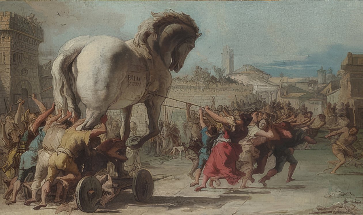 Troijan hevosen kulkue Troijaan. Noin 1760 tekijältä Giovanni Domenico Tiepolo