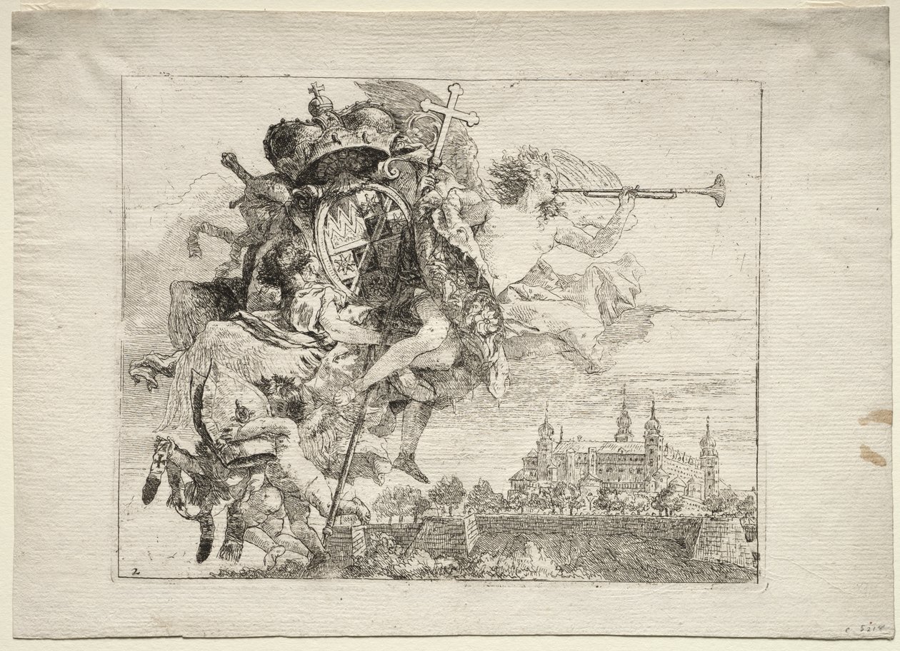 Lento Egyptiin: omistautuminen Wurzburgin prinssipiispan käsivarsia kantavan siivekäs hahmon kanssa tekijältä Giovanni Domenico Tiepolo