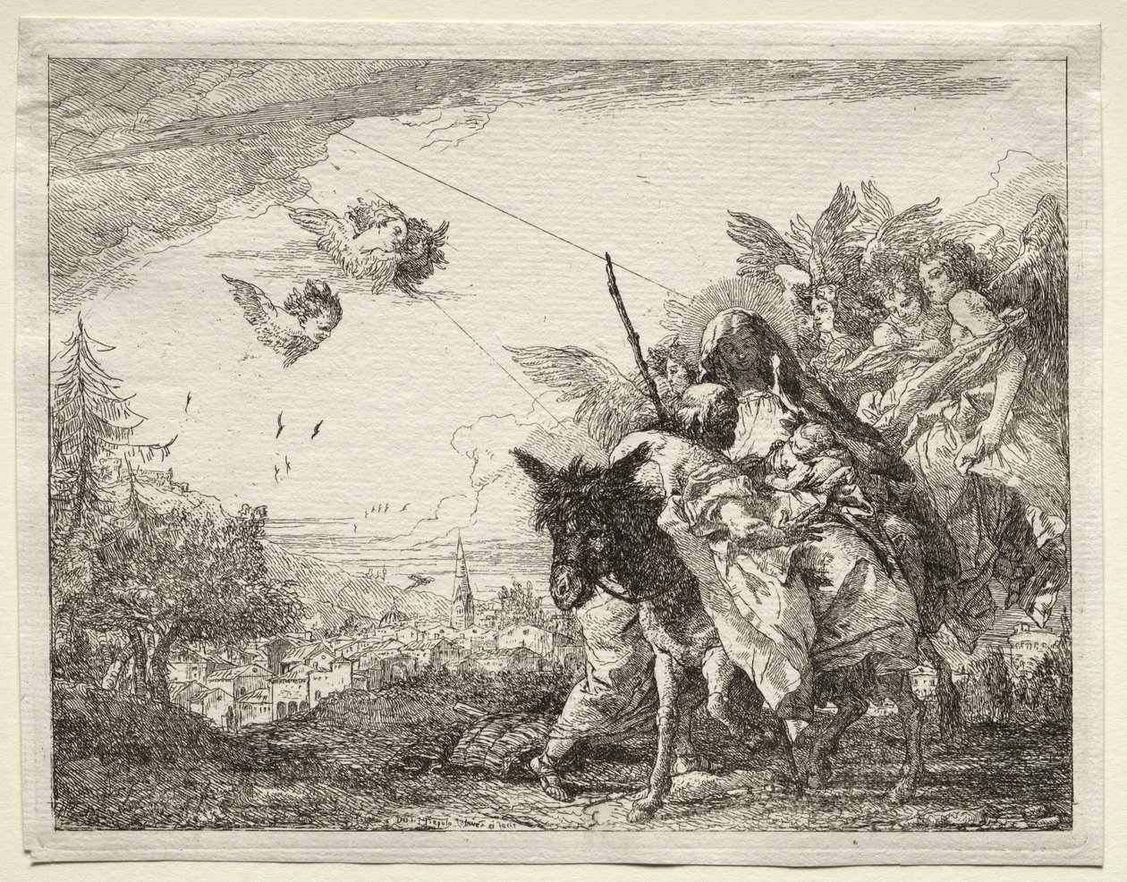 Lento Egyptiin: Joosef pysähtyy katselemaan Kristus-lapsia. tekijältä Giovanni Domenico Tiepolo