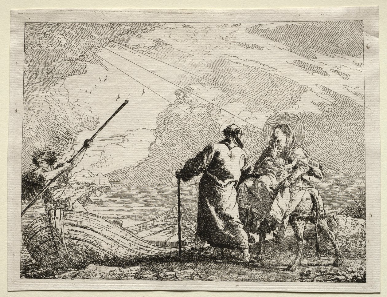 Lento Egyptiin: Pyhä perhe saapuu joen rantaan. tekijältä Giovanni Domenico Tiepolo