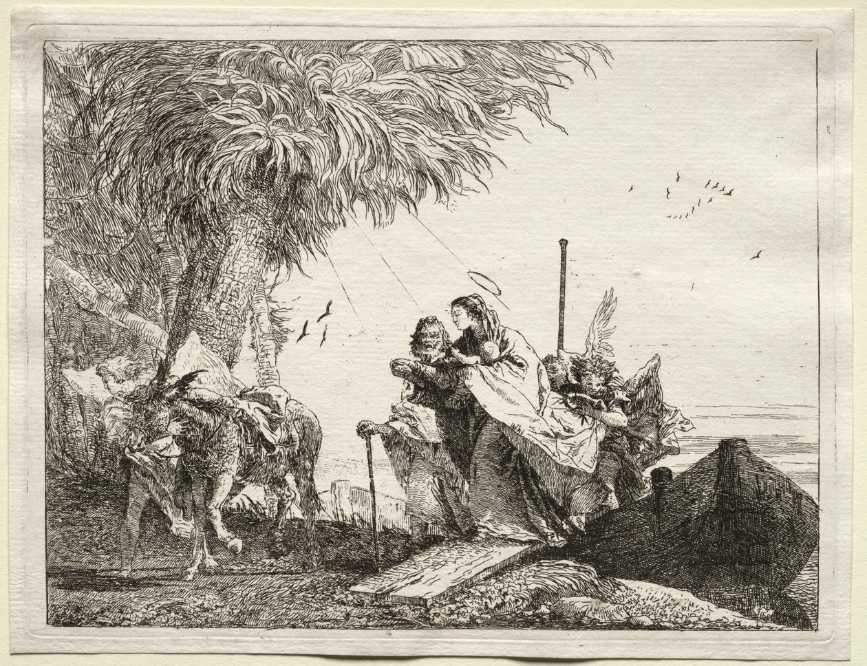 Lento Egyptiin: Pyhä perhe, poistuminen aluksesta. tekijältä Giovanni Domenico Tiepolo