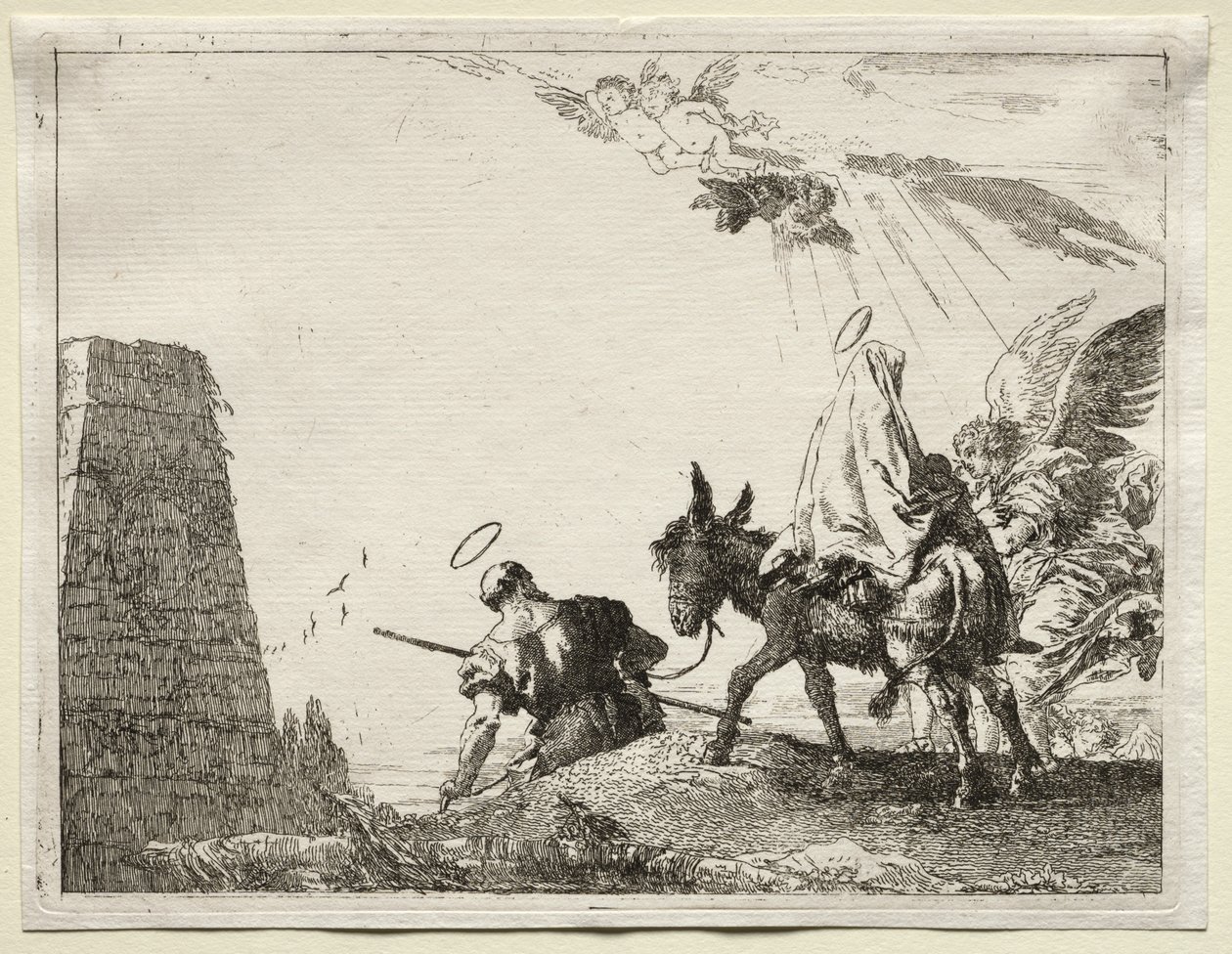 Lento Egyptiin: Pyhä perhe kulkee lähellä pyramidia tekijältä Giovanni Domenico Tiepolo