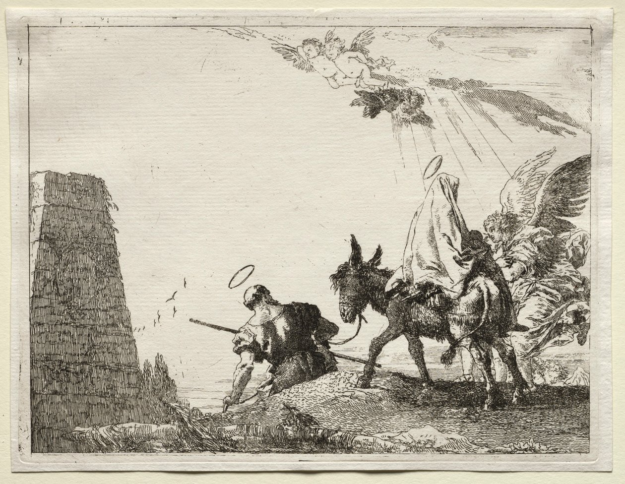 Lento Egyptiin: Pyhä perhe kulkee lähellä pyramidia. tekijältä Giovanni Domenico Tiepolo