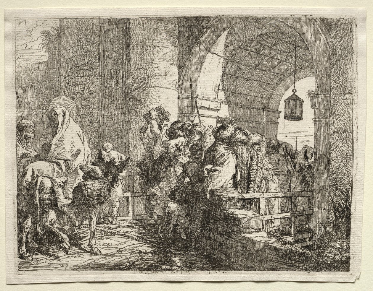 Lento Egyptiin: Pyhä perhe kulkee kaaren alla. tekijältä Giovanni Domenico Tiepolo