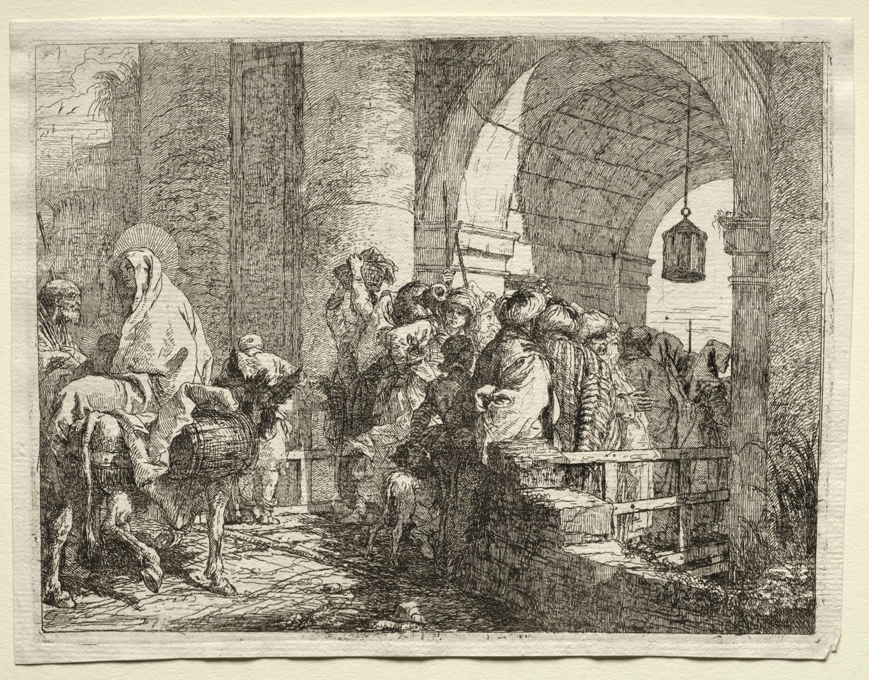 Lento Egyptiin: Pyhä perhe kulkee kaaren alla tekijältä Giovanni Domenico Tiepolo