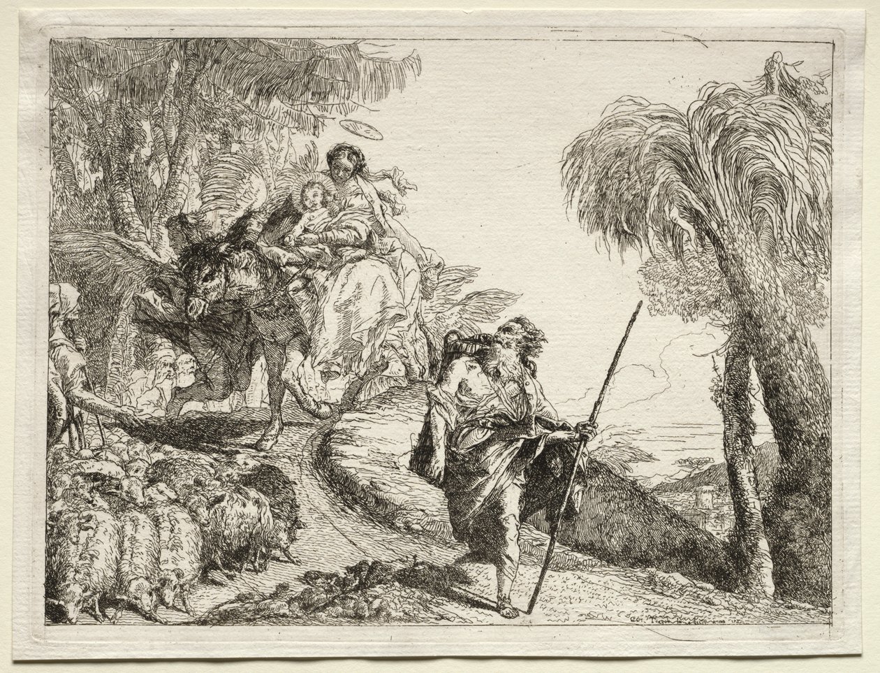 Lento Egyptiin: Pyhä perhe ja lammaslauma tekijältä Giovanni Domenico Tiepolo