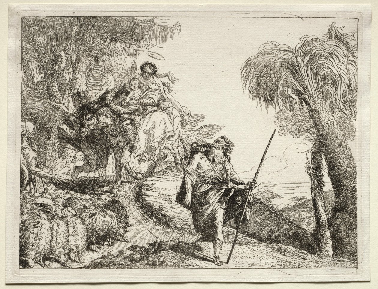 Lento Egyptiin: Pyhä perhe ja lammaslauma. tekijältä Giovanni Domenico Tiepolo