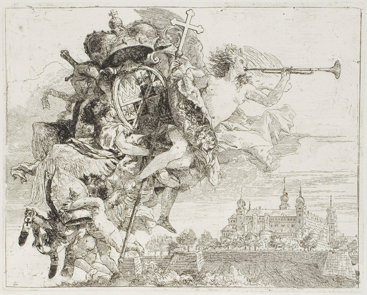 Etukappale: Carl Philipp von Greiffenklaun käsivarret enkelin kantamina, lennosta Egyptiin tekijältä Giovanni Domenico Tiepolo
