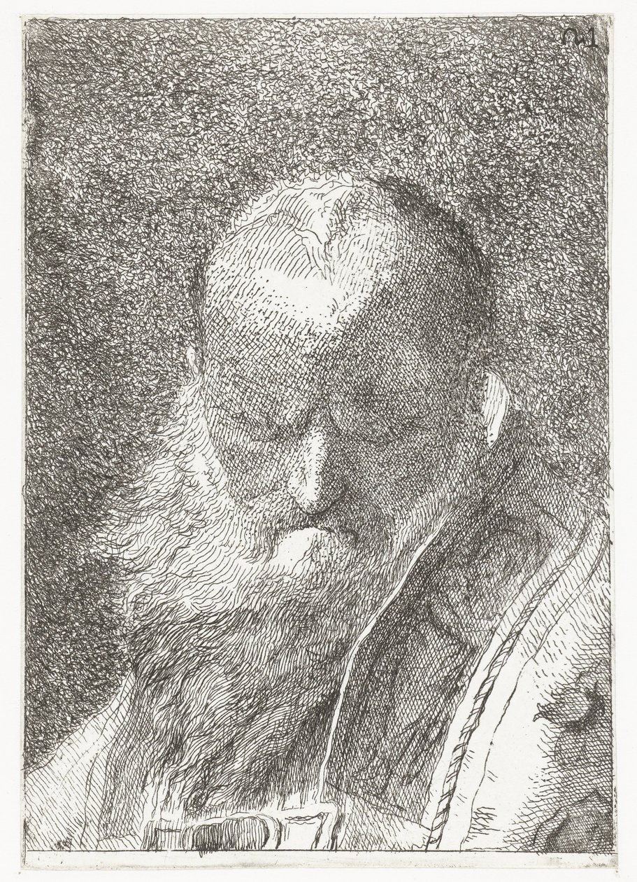 Pappi, jolla on kalju pää Pääkokoelma (sarjan nimi) Raccolta di Teste (sarjan nimi) tekijältä Giovanni Domenico Tiepolo