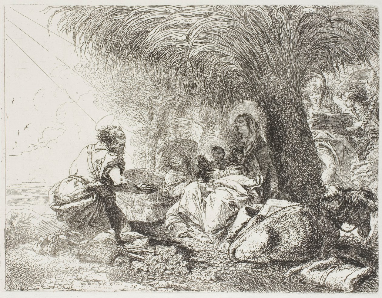 Joseph palvoo lasta kahden enkelin laulaessa, levy yhdeksäntoista kappaleesta Lento Egyptiin tekijältä Giovanni Domenico Tiepolo