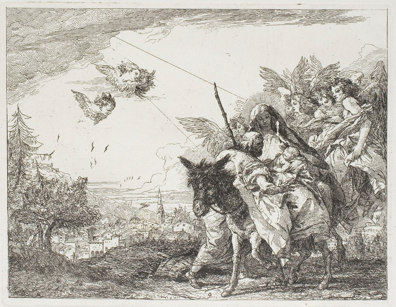 Joosef palvelee lasta, jota Maria pitää sylissään, levy yhdeksän elokuvasta Pako Egyptiin. tekijältä Giovanni Domenico Tiepolo