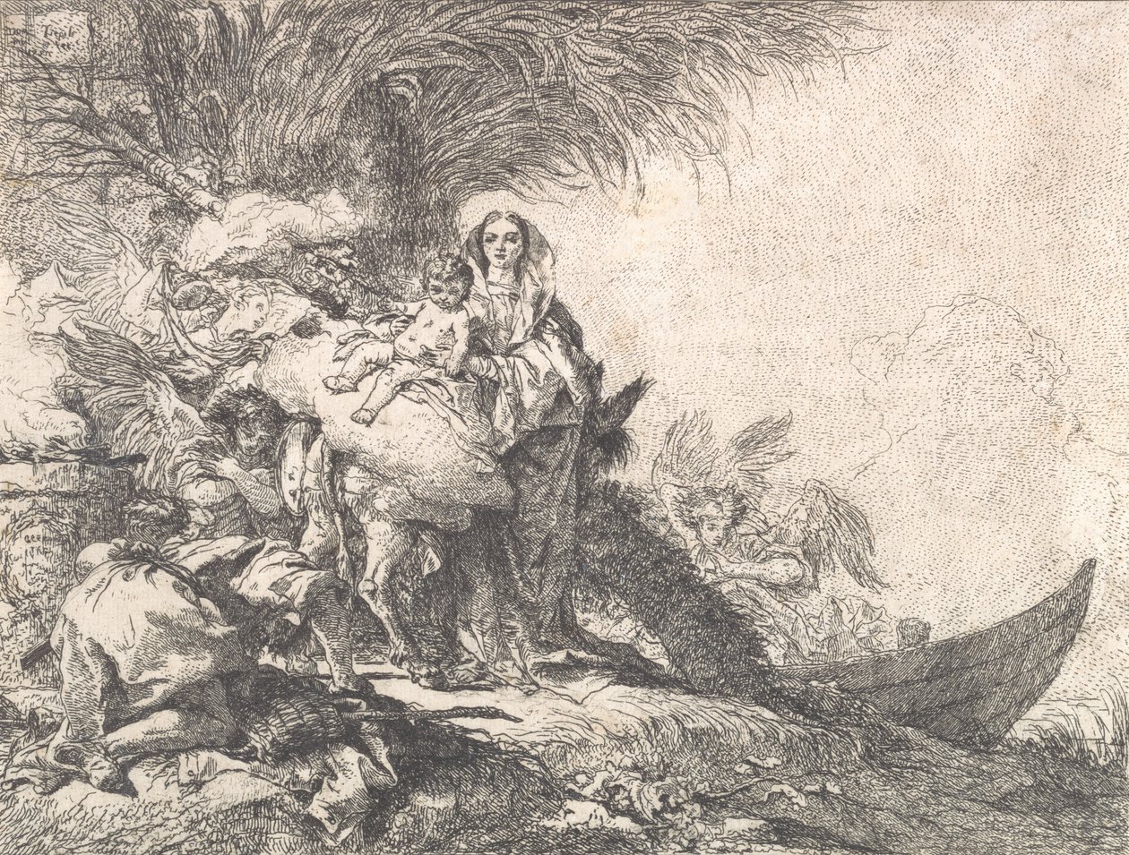 Joseph palvomassa Kristus-lapsia lähellä tupakoivaa alttaria, lennosta Egyptiin, 1752. tekijältä Giovanni Domenico Tiepolo