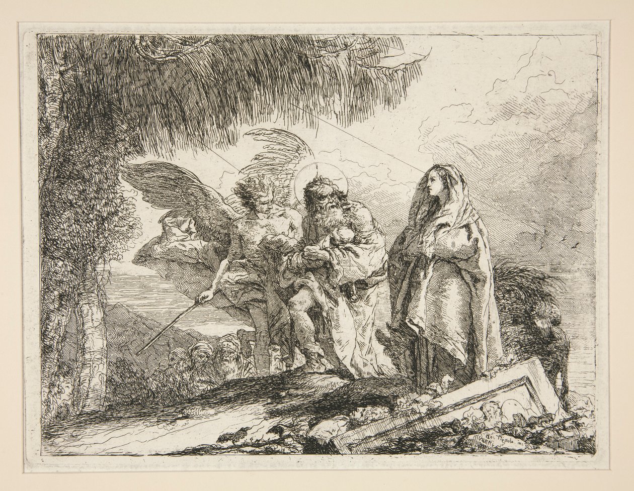 Joseph kantaa Jeesusta käsivarsissaan sarjasta Idee pittoresche sopra la fuga in Egitto (lento Egyptiin) tekijältä Giovanni Domenico Tiepolo