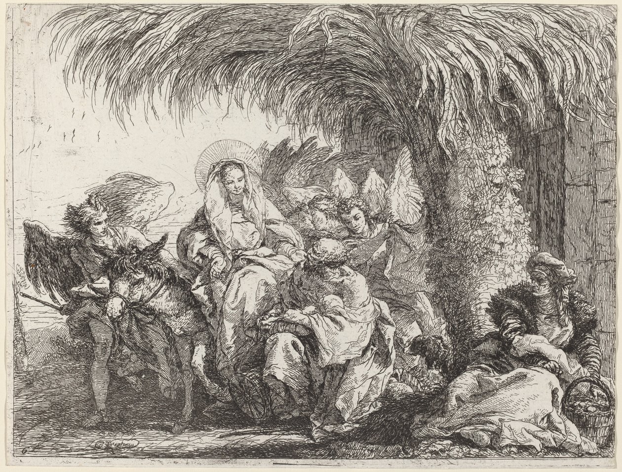 Joosef polvistuu Lapsen kanssa Marian aasilla edessä tekijältä Giovanni Domenico Tiepolo