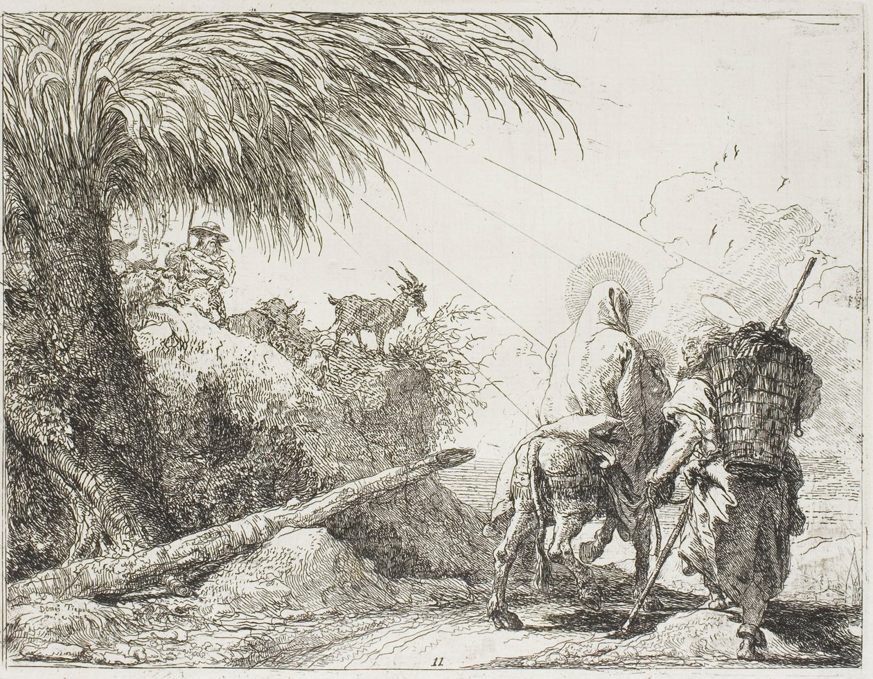 Joosef ja Maria ohittelemassa paimenta ja hänen laumaansa, levy yksitoista kappaleesta Egyptin lento tekijältä Giovanni Domenico Tiepolo