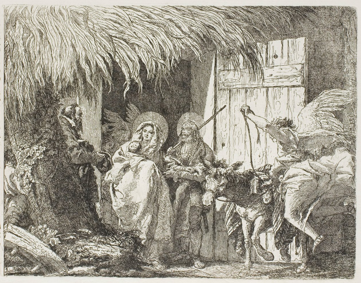 Joosef ja Maria etsivät suojaa, levy viisi kappaleesta Lento Egyptiin tekijältä Giovanni Domenico Tiepolo