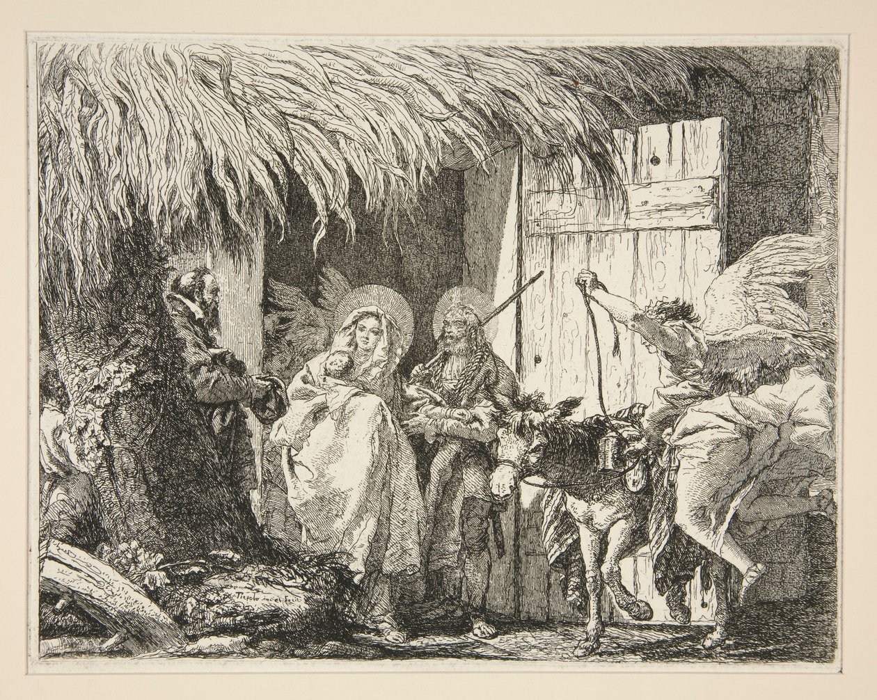 Joosef ja Maria talon edessä, sarjasta Idee pittoresche sopra la fuga in Egitto (lento Egyptiin) tekijältä Giovanni Domenico Tiepolo