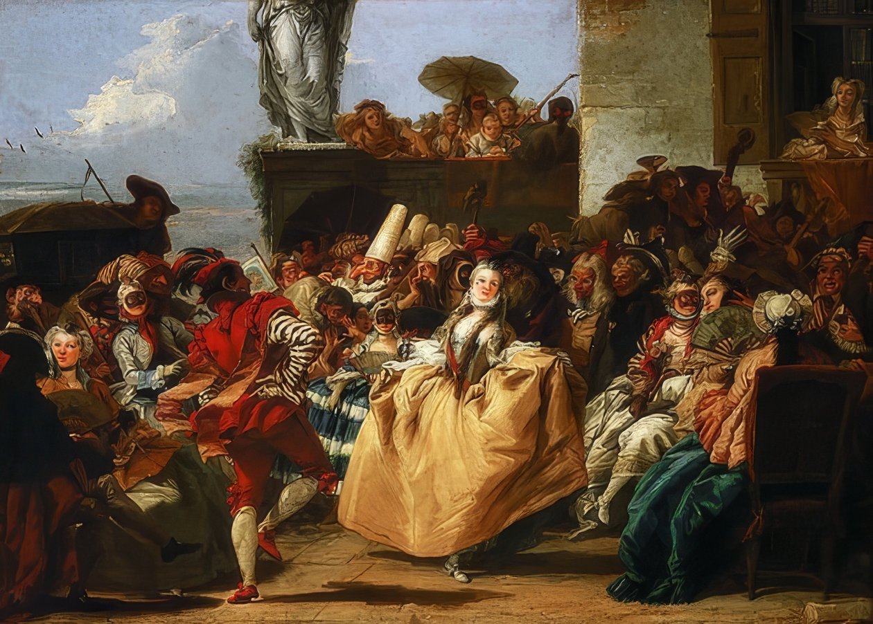 Karnevaalikohtaus tai menuetti. 1745/50 tekijältä Giovanni Domenico Tiepolo