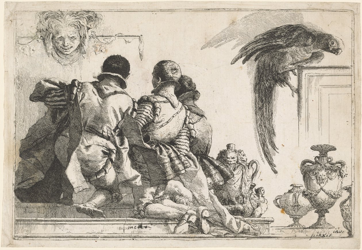 Polvistuvia sivuja, naamio ja papukaija tekijältä Giovanni Domenico Tiepolo