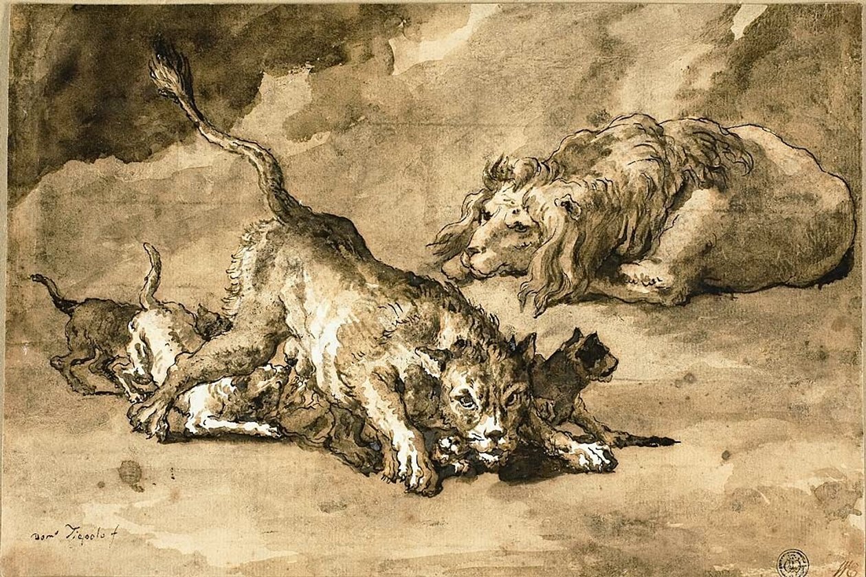 Leijona, leijonatar ja pennut tekijältä Giovanni Domenico Tiepolo