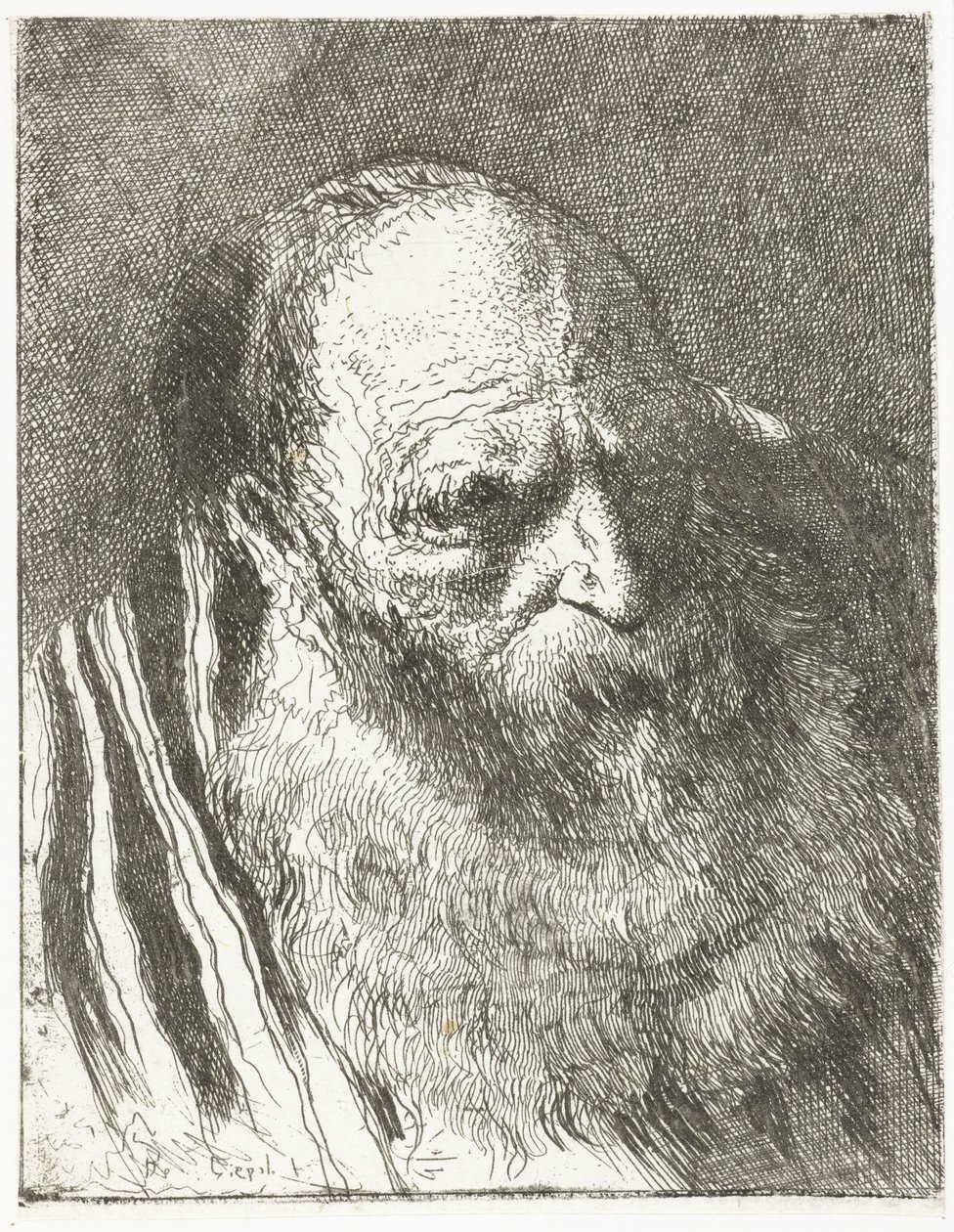 Mies, jolla on parta raidallisessa viitassa Pääkokoelma (sarjan nimi) Raccolta di Teste (sarjan nimi) tekijältä Giovanni Domenico Tiepolo