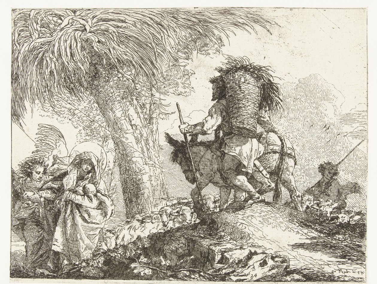 Maria lapsen kanssa enkelin ja Joosefin tukemana johdattaa aasin paimenen ohi lampaiden kanssa Lento Egyptiin (sarjan nimi) Idea viehättävä sopra la fugga in Egitto (sarjan nimi) tekijältä Giovanni Domenico Tiepolo