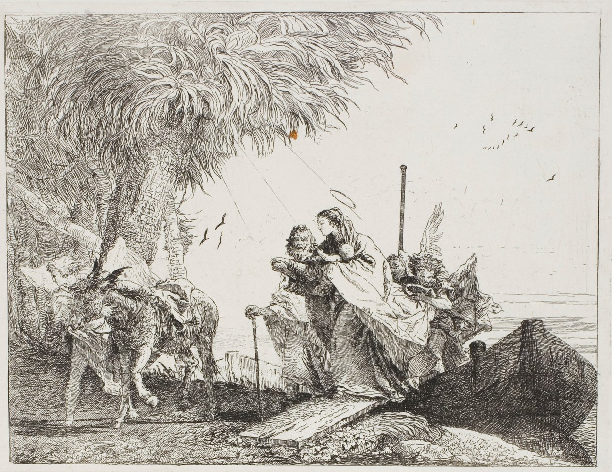 Maria, Joosefin ja enkelin auttamana, astumassa ulos veneestä, levy kahdeksantoista kappaleesta Lento Egyptiin tekijältä Giovanni Domenico Tiepolo
