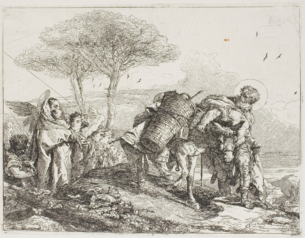 Maria, kahden enkelin avustamana, seuraa Joosefia aasin kanssa, levy 25 julkaisusta Lento Egyptiin tekijältä Giovanni Domenico Tiepolo