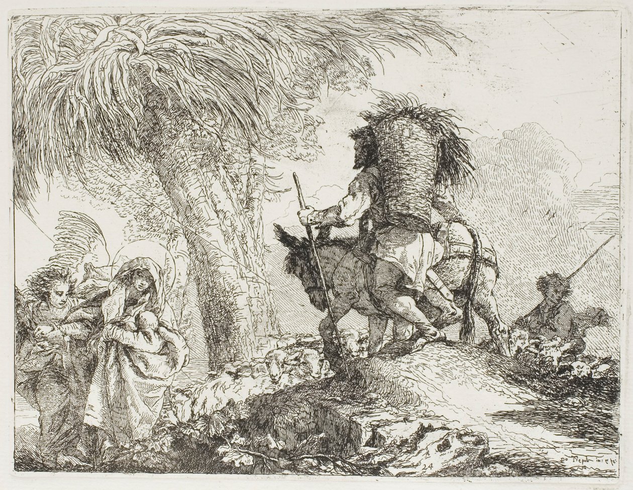 Maria, jota enkeli auttoi, ja Joosef kantamassa koria, kulkemassa lauman ohi, levy 24 lennosta Egyptiin tekijältä Giovanni Domenico Tiepolo