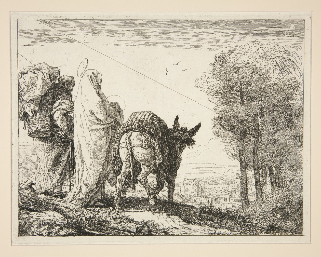 Maria, joka pitelee lastaan sylissään, sarjasta ”Idee pittoresche sopra la fuga in Egitto” (Pako Egyptiin) tekijältä Giovanni Domenico Tiepolo