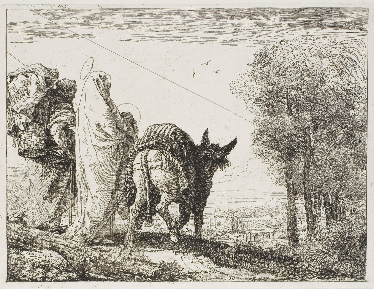 Maria pitelee lasta käsivarsissaan ja Joosef korin kanssa, levy kymmenen kappaleesta Lento Egyptiin tekijältä Giovanni Domenico Tiepolo