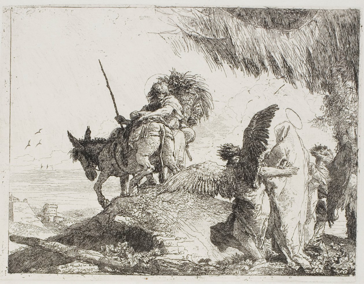 Maria, kahden enkelin tukemana, seuraa Joosefia, levy 26 julkaisusta Lento Egyptiin tekijältä Giovanni Domenico Tiepolo