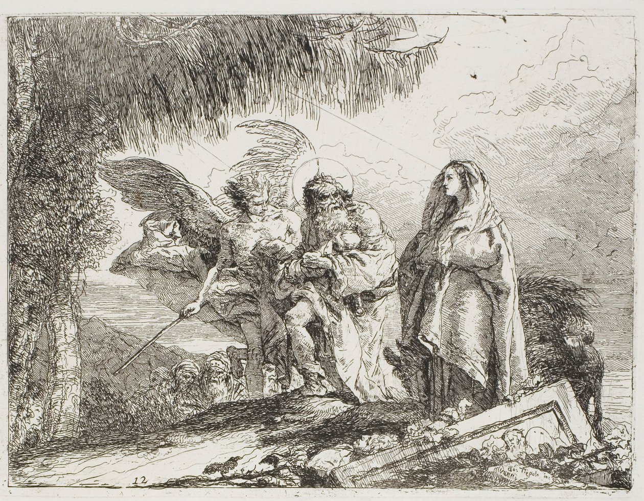 Mariaa ja Joosefia, jotka pitävät lasta kädessään, saattoi enkeli, levy kaksitoista julkaisusta Lento Egyptiin tekijältä Giovanni Domenico Tiepolo